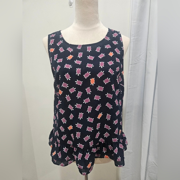 Maison Jules Turtle Print Ruffle Hem Tank Top Navy Size L - Picture 1 of 9